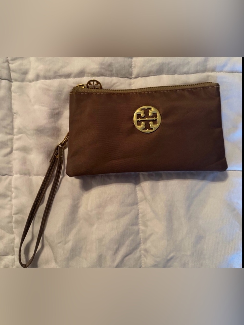Tory Burch Taupe Wristlet with Gold Logo